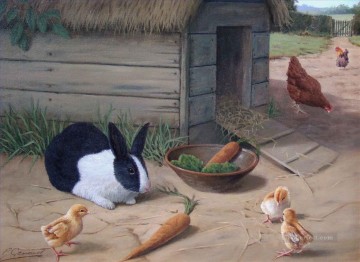 ウサギ バニー ウサギ Painting - ビクトリア朝スタイルのウサギとニワトリ